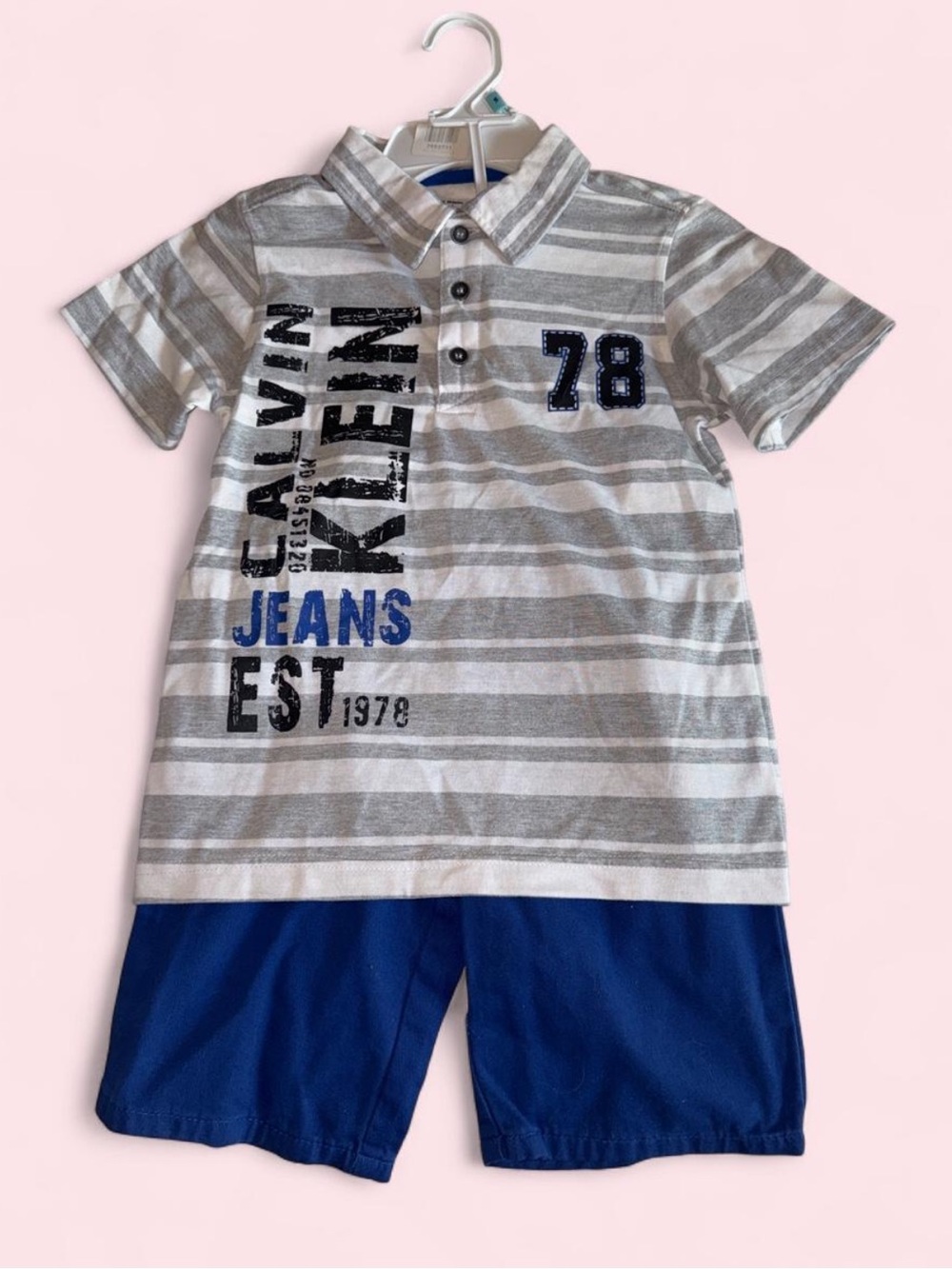 Calvin Klein Jeans Two Piece White & Gray Striped Polo Shirt & Blue Jeans